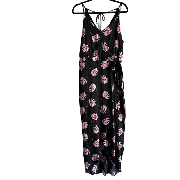 Express Womn L Black Floral Satin Tie Back Spaghetti Straps Faux Wrap Maxi Dress - Picture 1 of 10